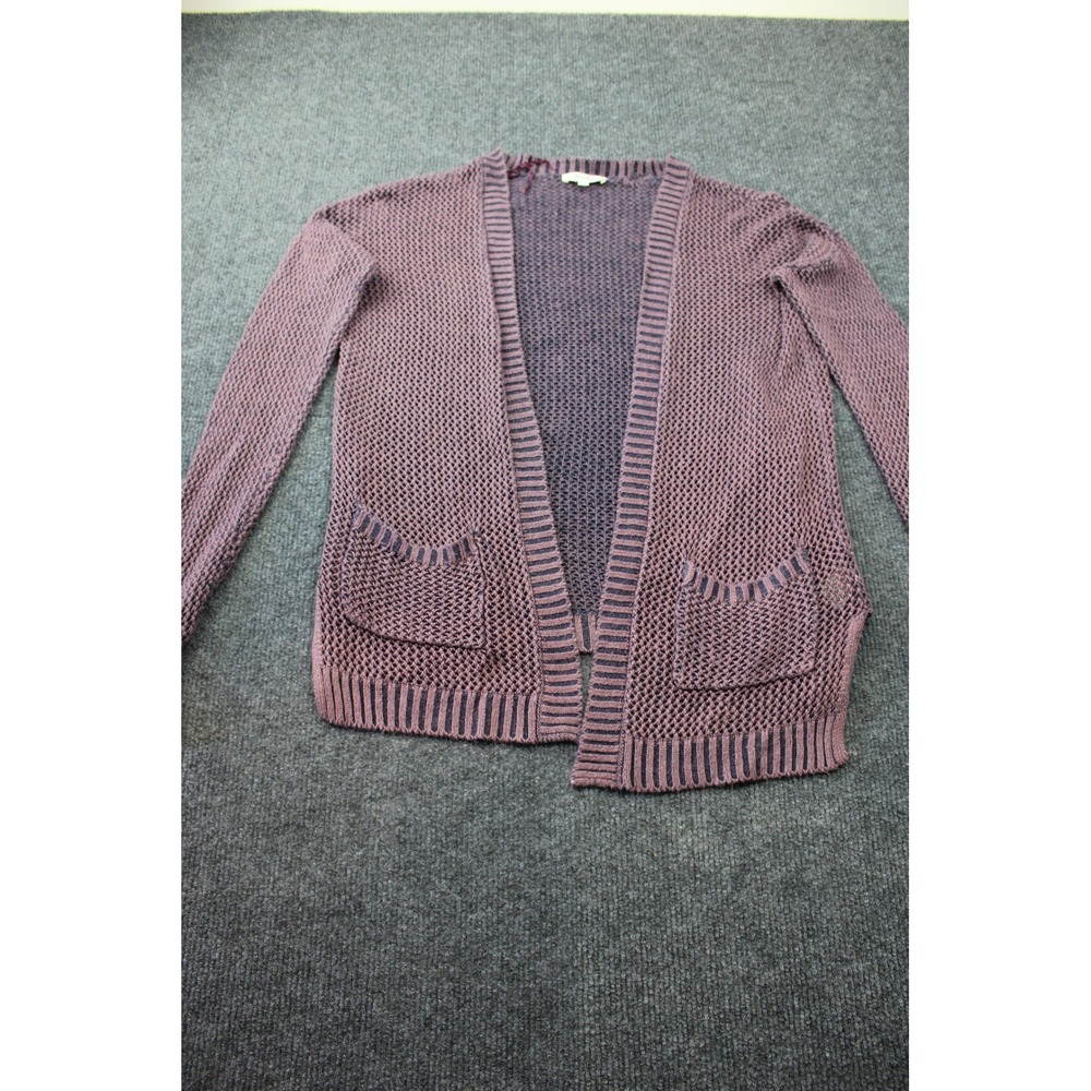Mudd Womens XS Plum Purple Open Knit Cardigan Long Sleeve Pocket Mesh Sweater